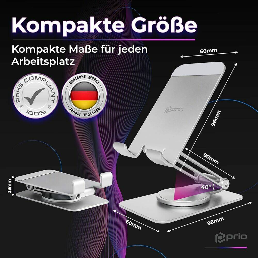 prio drehbarer Metall-Telefonständer / Handy Halterung 360 Silber
