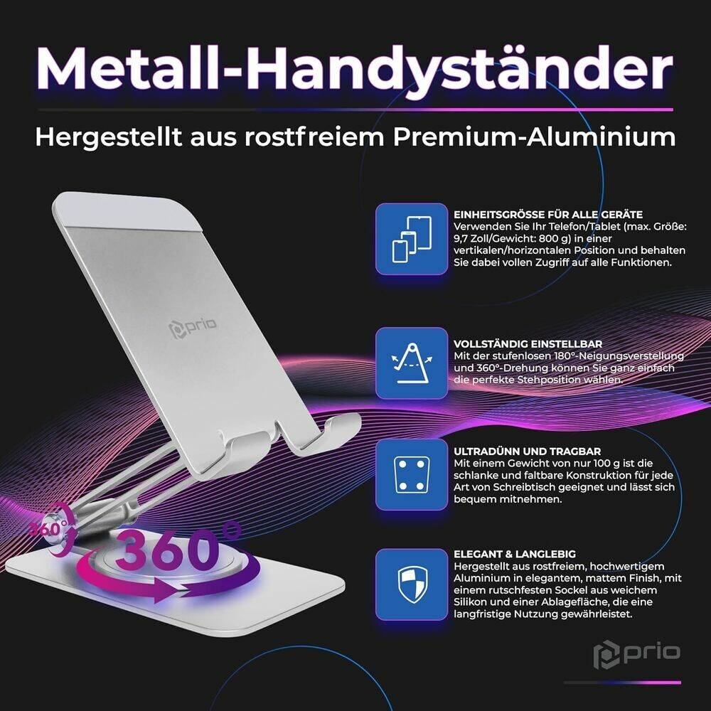 prio drehbarer Metall-Telefonständer / Handy Halterung 360 Silber