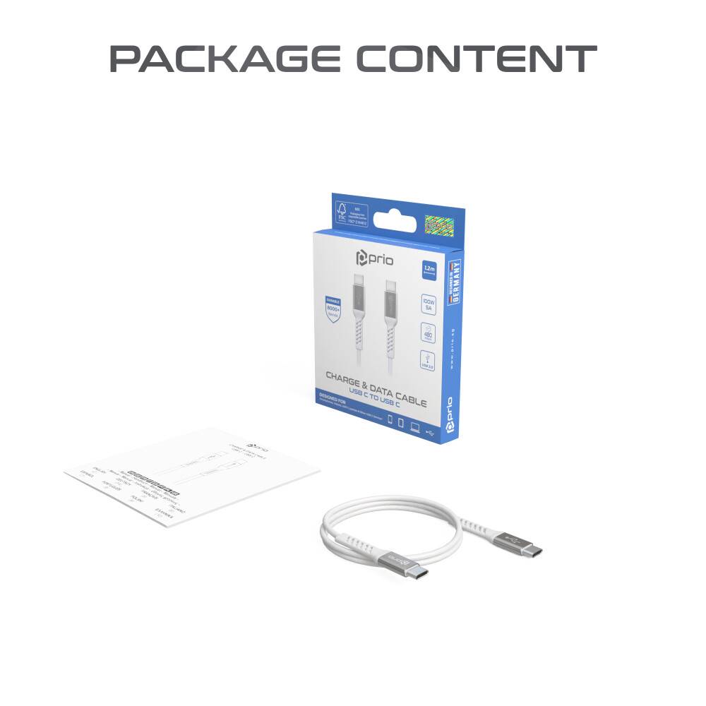 prio High-Speed Charge & Sync -USB-C-auf-USB-C-Kabel, 5 A, 1,2 m, Weiß