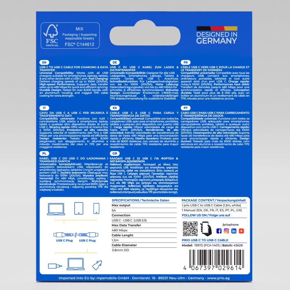 prio High-Speed Charge & Sync -USB-C-auf-USB-C-Kabel, 5 A, 1,2 m, Weiß