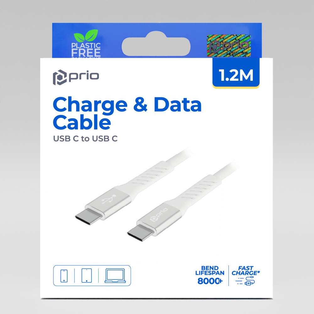 prio High-Speed Charge & Sync -USB-C-auf-USB-C-Kabel, 5 A, 1,2 m, Weiß