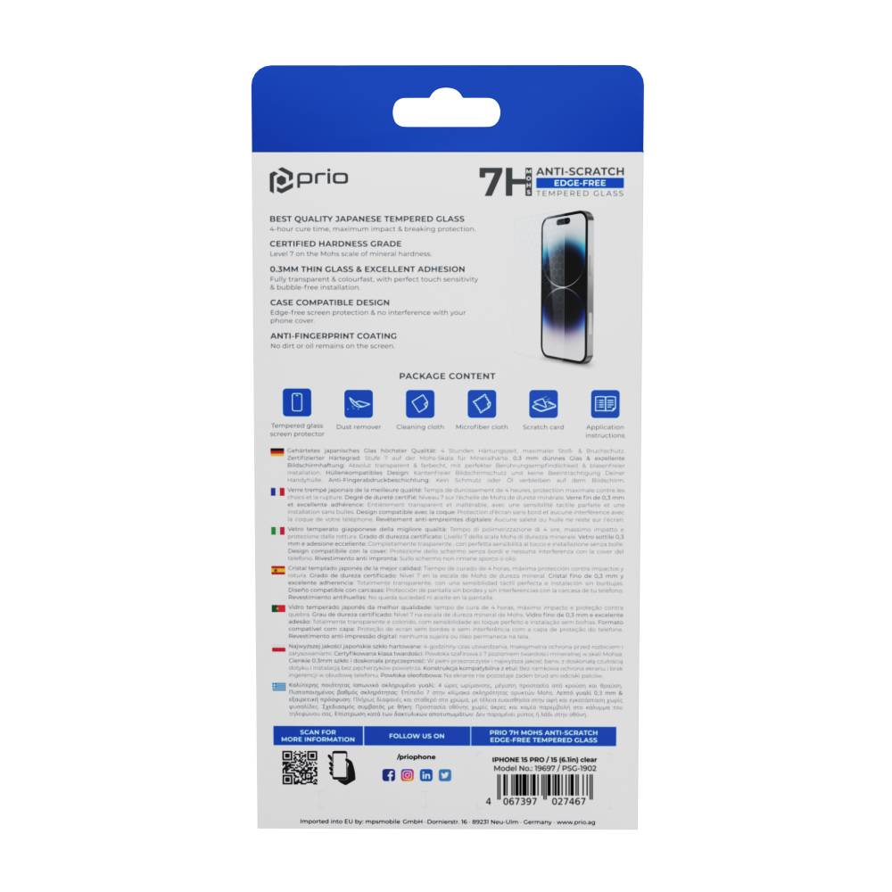 prio Anti-Scratch Displayschutzglas für iPhone 15 Pro / 15 (6.1in) transparent