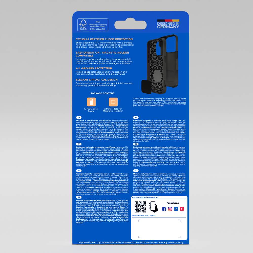 Handyhülle-Verpackung mit Funktionen: Magnethalter-Kompatibilität, strapazierfähiger Schutz, einfache Bedienung, in Deutschland entworfen.