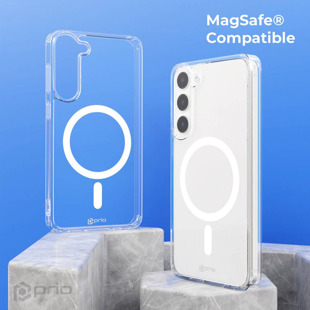 Transparente Handyhülle mit integriertem MagSafe-Ring neben einem iPhone, mit dem Label „MagSafe-kompatibel