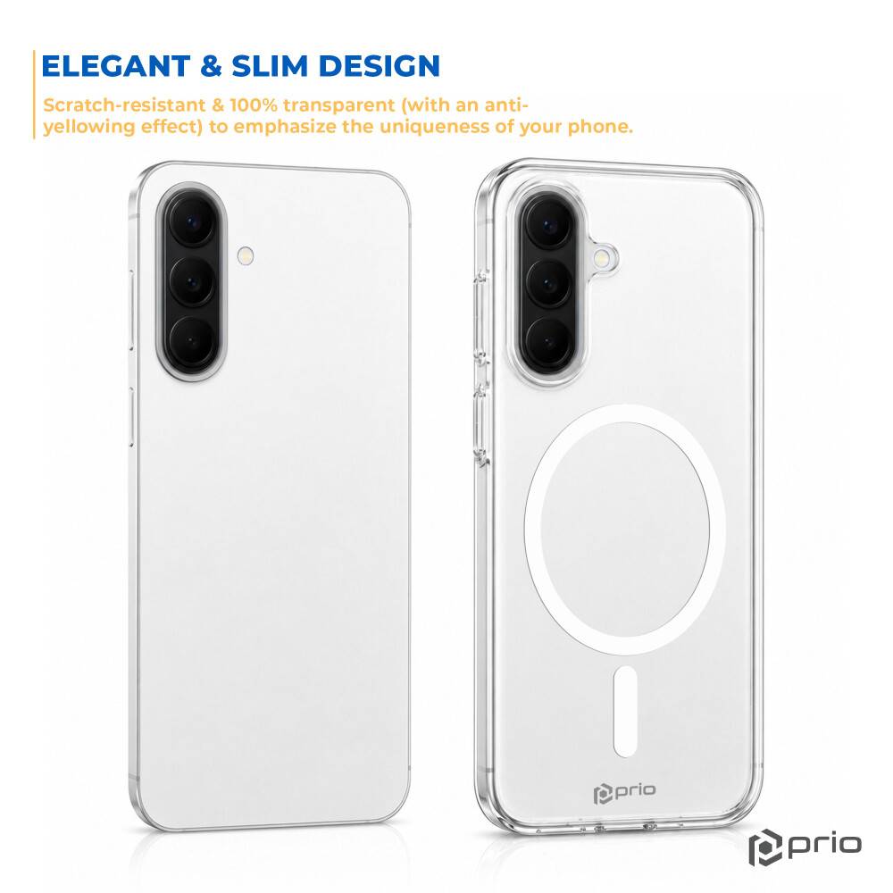 Werbebild einer transparenten, schlanken Handyhülle, gezeigt auf einem Smartphone von vorne und hinten, mit dem Text „ELEGANTES & SCHLANKES DESIGN