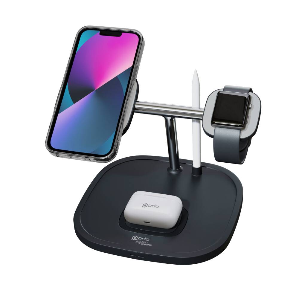 3-in-1-Ladestation mit MagSafe-ähnlicher Telefonhalterung, Smartwatch-Dock und kabelloses Ladeetui für Ohrhörer auf schwarzem Sockel