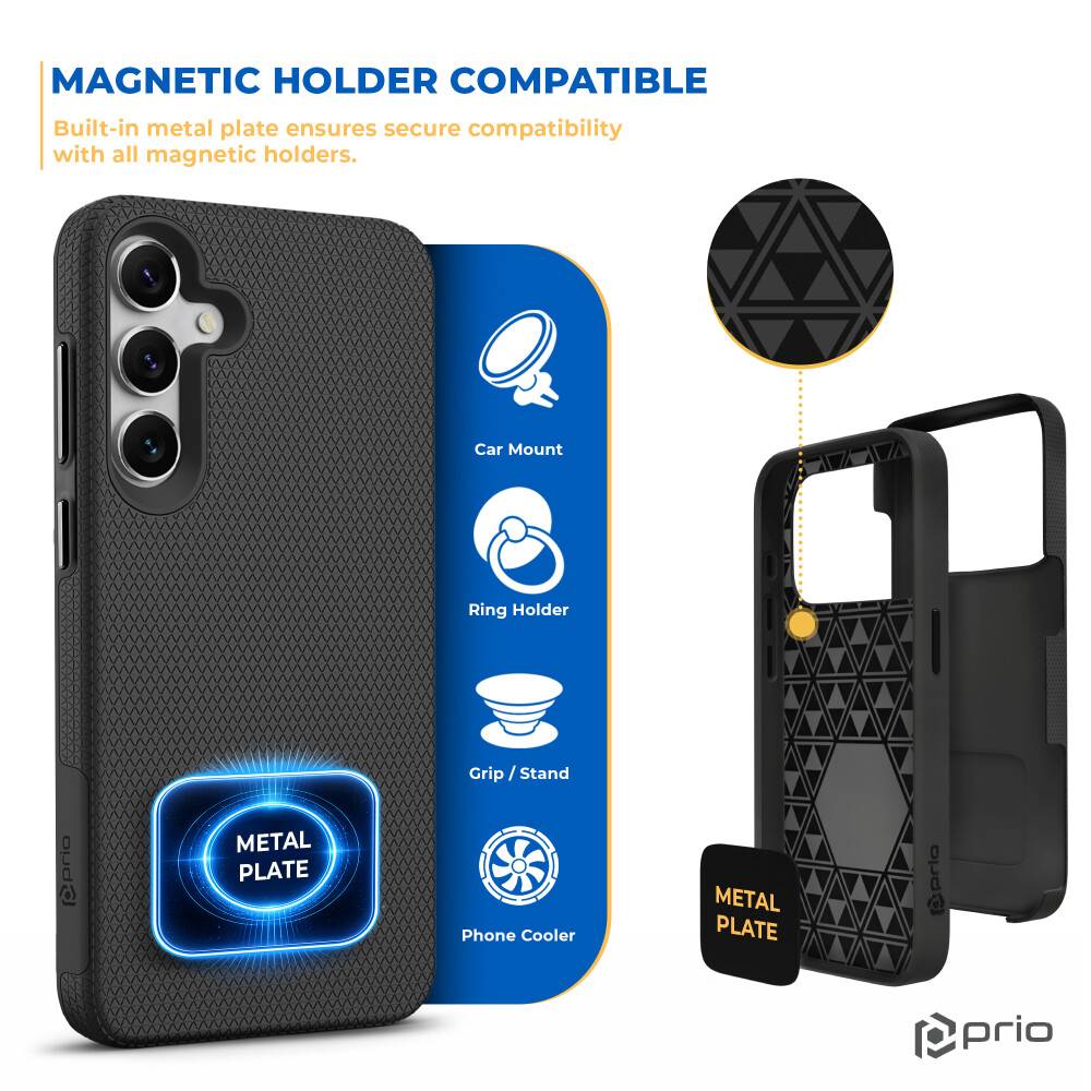 Werbegrafik einer Handyhülle mit eingebautem Metallplättchen für die Kompatibilität mit magnetischem Halter, plus Symbole für Autohalt, Ringhalter, Griff/Ständer und Telefonkühler.