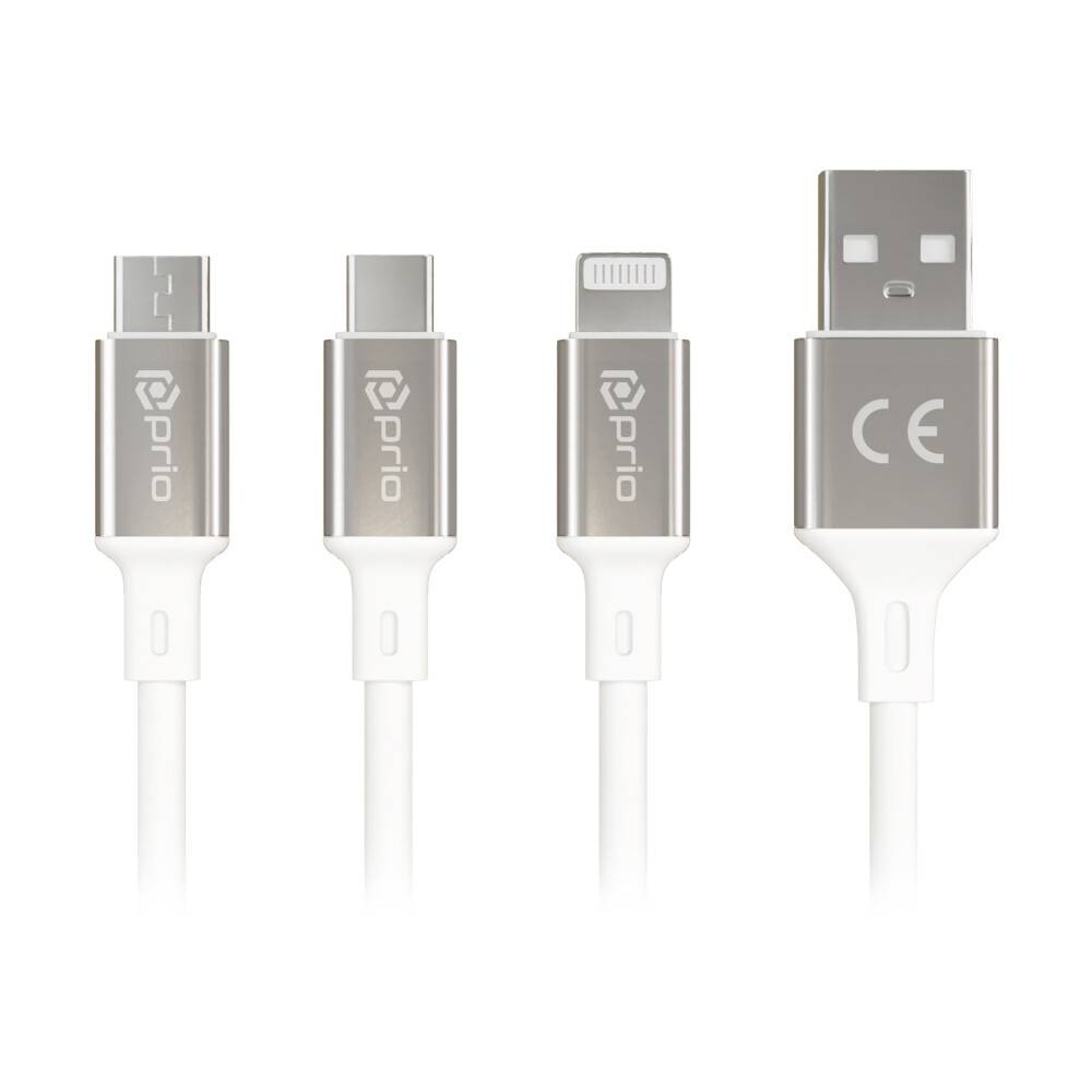 prio 3 in 1 Micro USB & USB C & Lightning zu USB A Kabel 3A 1,2m weiß