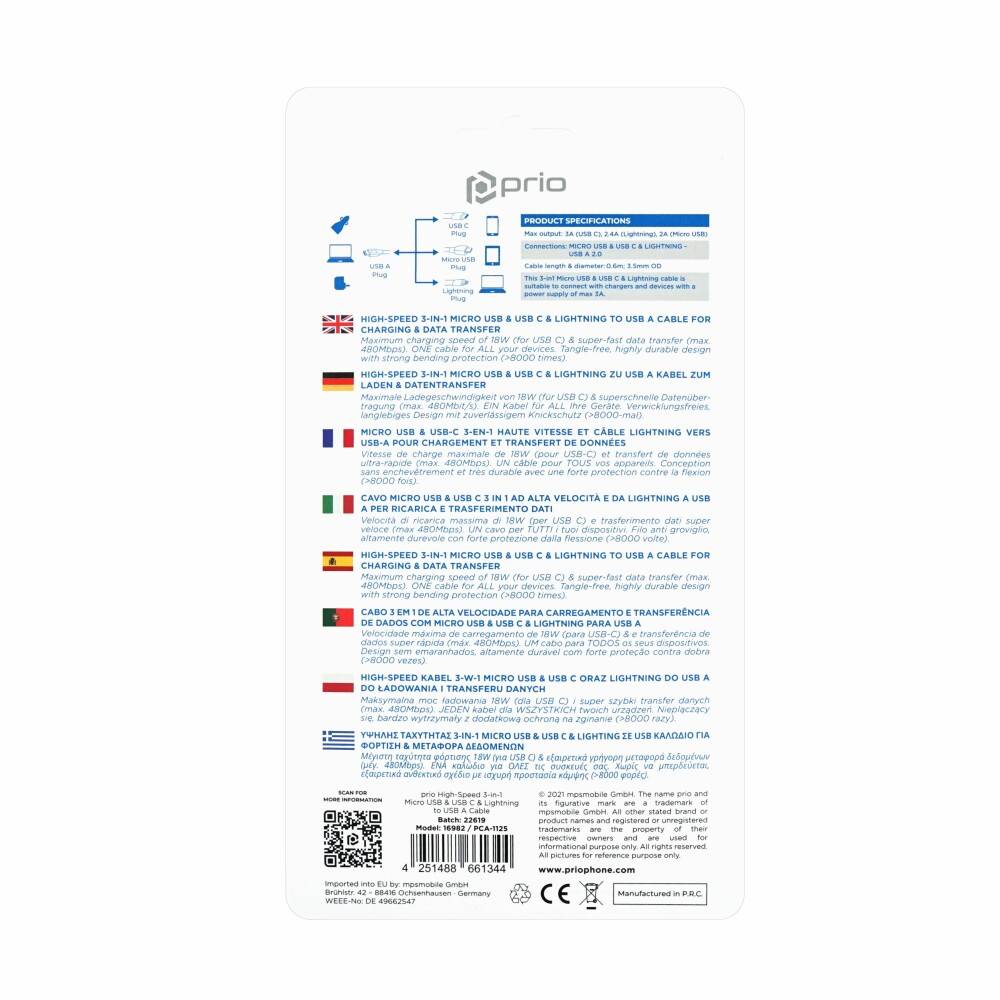 prio 3in1 Micro USB & USB C & Lightning zu USB A Kabel 3A 0.6m weiß
