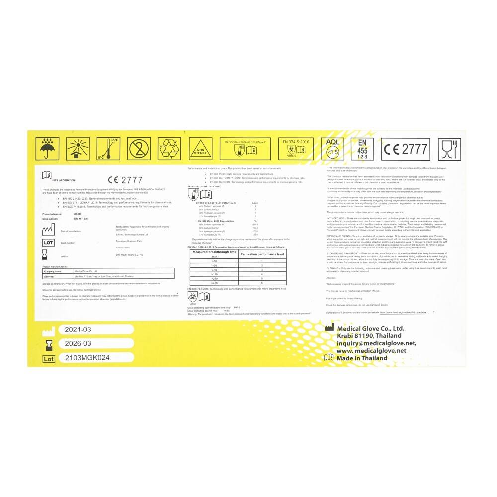 Medizinische Handschuh-Verpackungsetiketten mit Compliance-Symbolen, CE 2777-Kennzeichnung, Chargen- und Datumscodes sowie Herstellerangaben für Medical Glove Co., Ltd. aus Thailand
