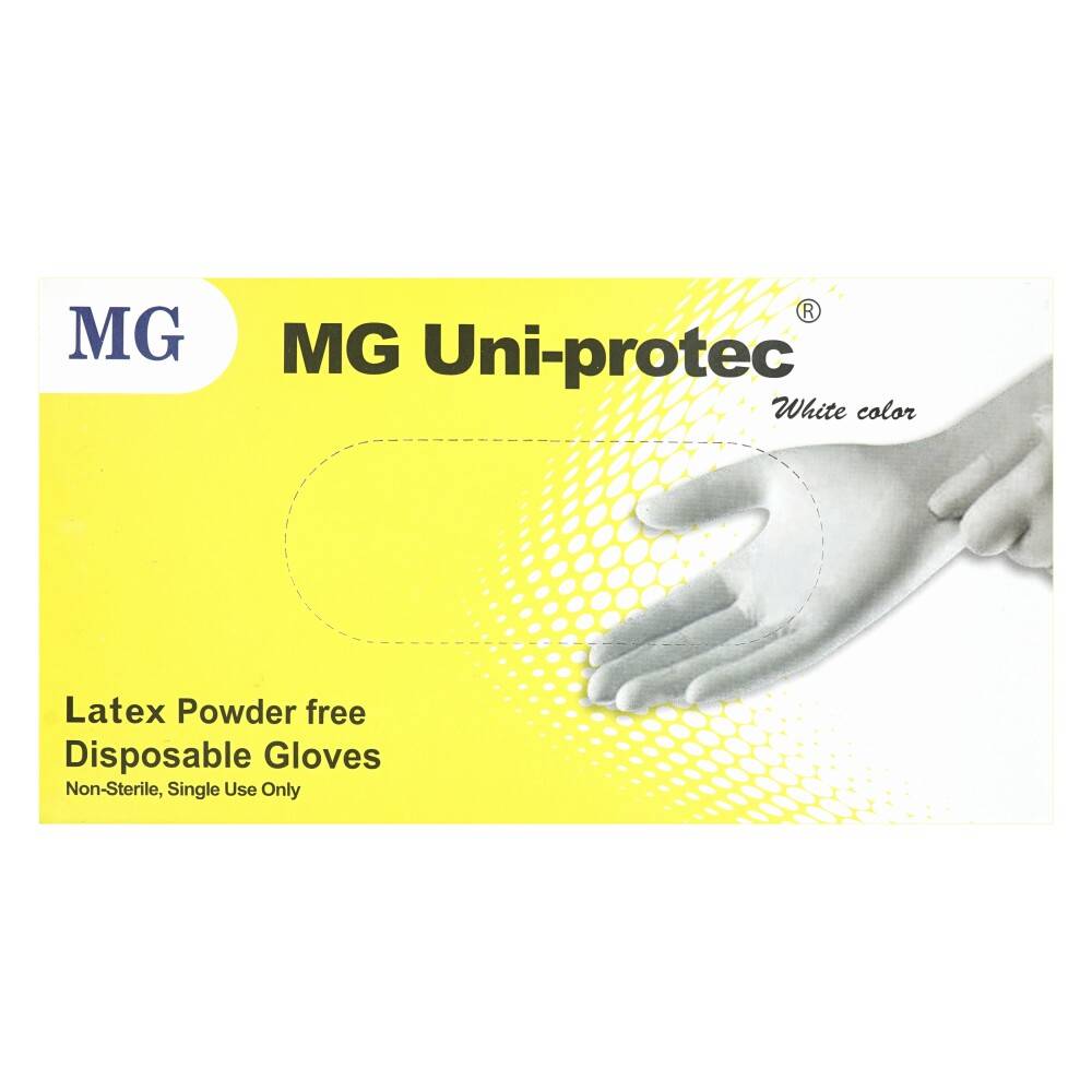 Packung für MG Uni-protec weiße Latex-Puderfreie Einweghandschuhe, nicht steril, nur zum einmaligen Gebrauch, mit einem Handbild auf gelbem Hintergrund.