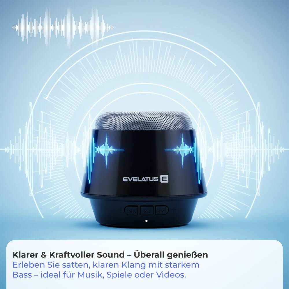 Evelatus Kabellose Bluetooth-Reiselautsprecher Schwarz – 5h Akkulaufzeit ESP01