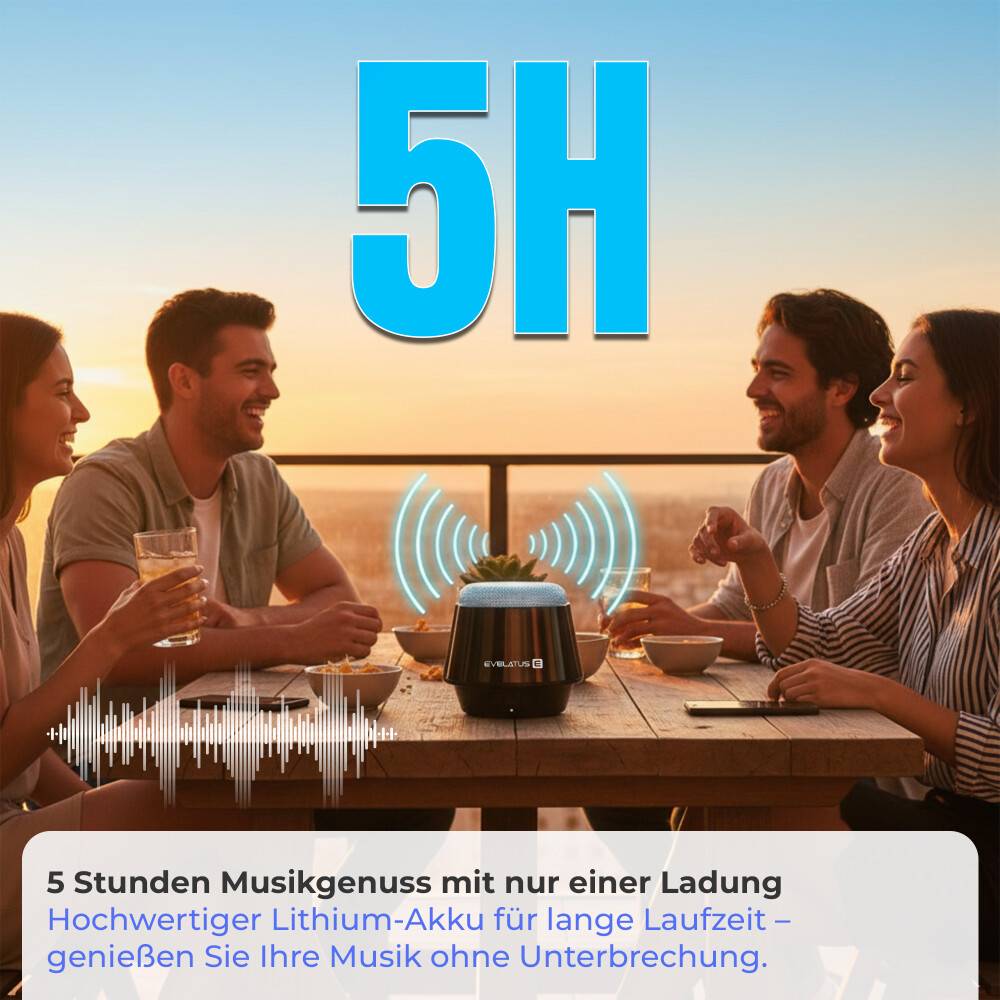 Evelatus Kabellose Bluetooth-Reiselautsprecher Schwarz – 5h Akkulaufzeit ESP01