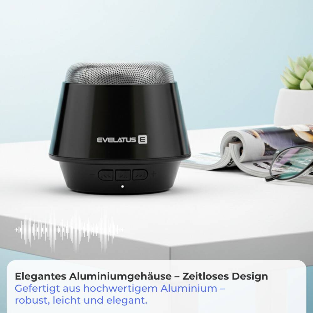 Evelatus Kabellose Bluetooth-Reiselautsprecher Schwarz – 5h Akkulaufzeit ESP01