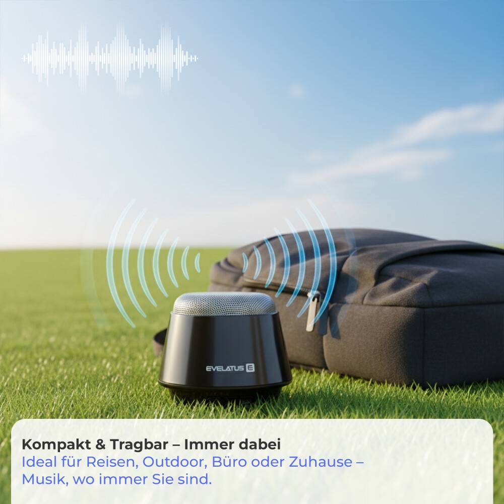 Evelatus Kabellose Bluetooth-Reiselautsprecher Schwarz – 5h Akkulaufzeit ESP01
