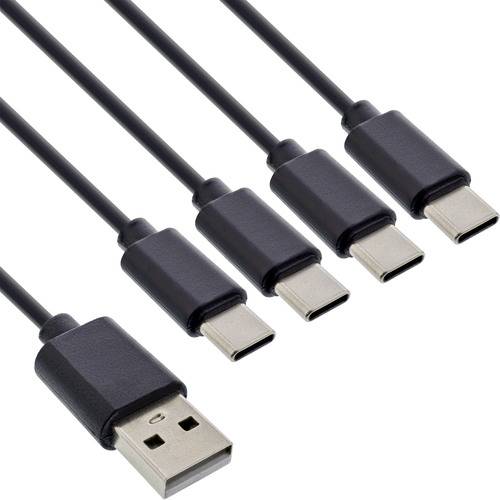 Fünf USB-C-Kabel horizontal ausgerichtet mit einem USB-A-Anschluss unten links.