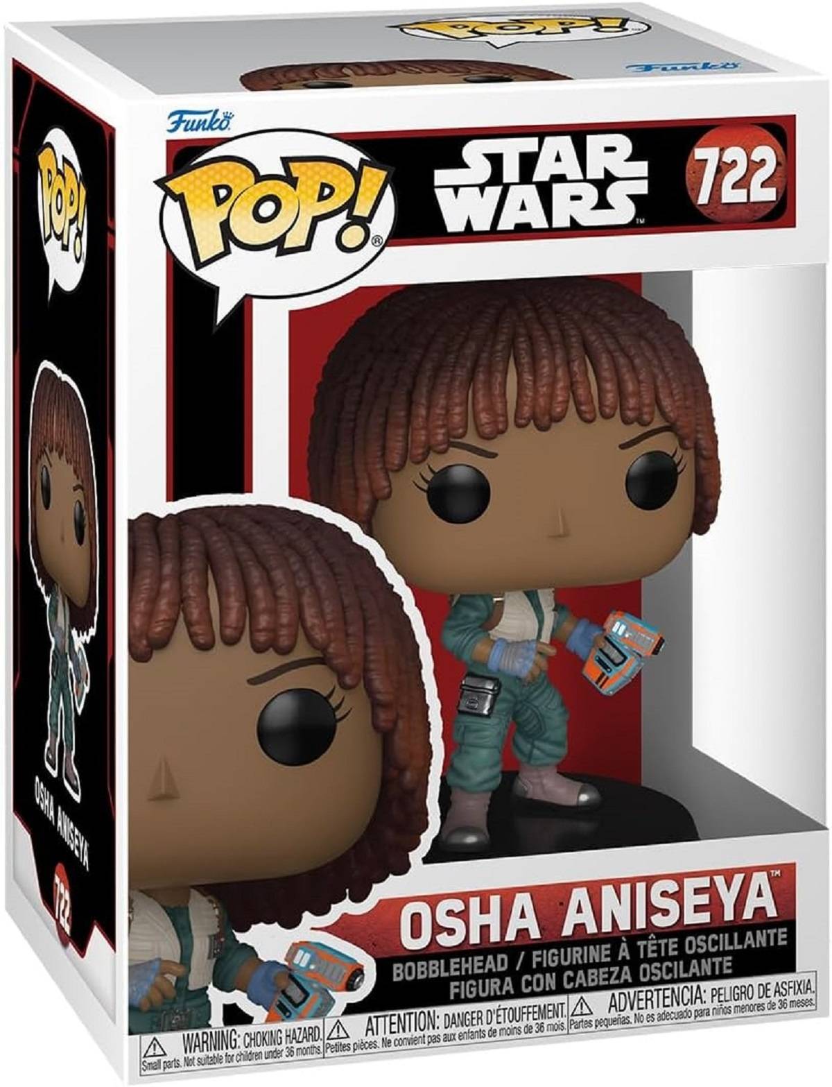 Funko Pop! Star Wars Wackelkopf-Figur von Osha Aniseya, Nummer 722, in einer Anzeigebox.