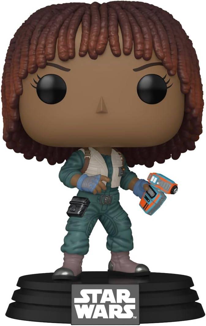 Star Wars Funko Pop Figur einer weiblichen Figur in einem grünen Anzug, die einen Blaster hält, stehend auf einer Star Wars Basis.
