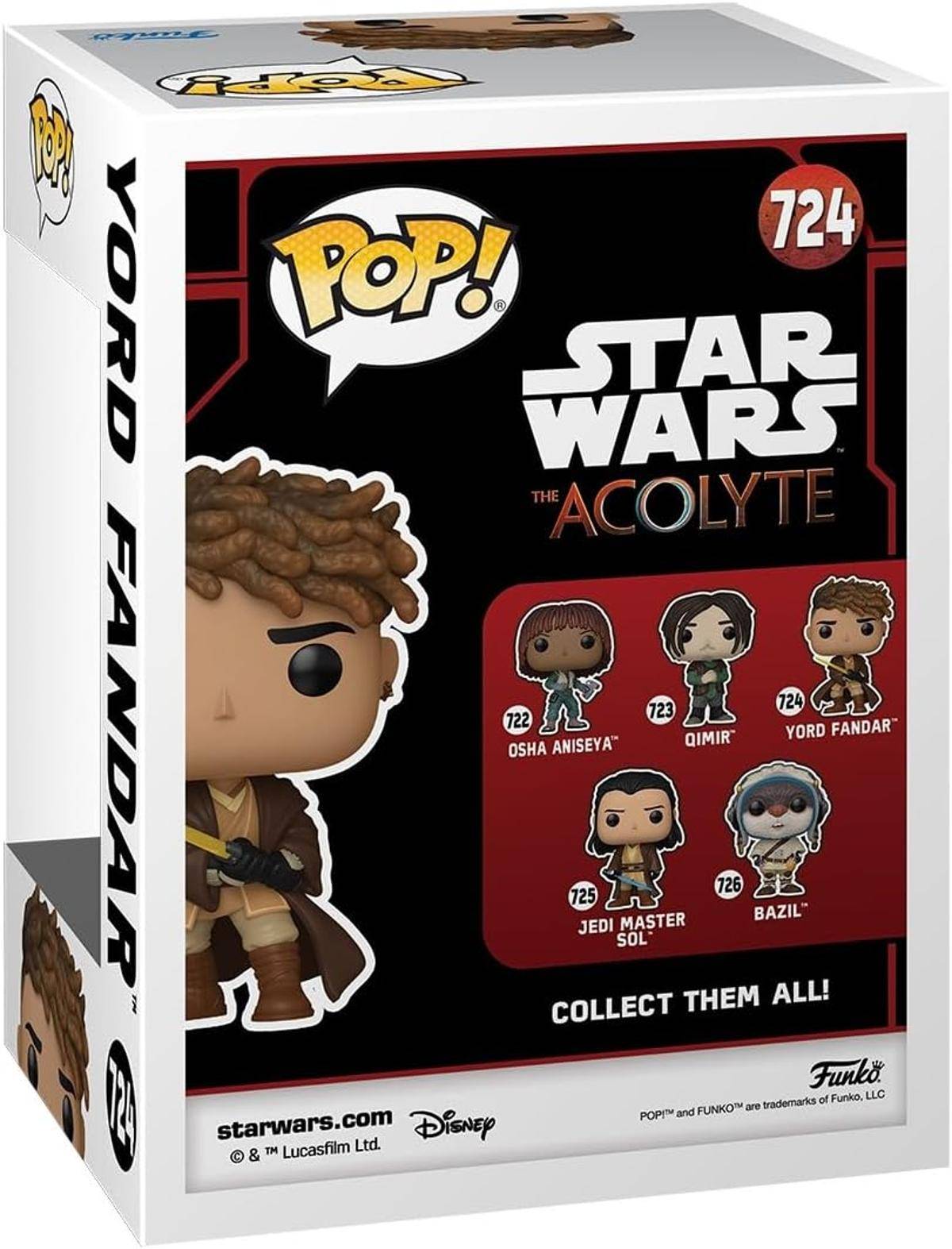Funko Pop! Star Wars: The Acolyte Schachtelkunst für Figur 724, zeigt Yord Fandar und andere sammelbare Charaktere auf der Rückseite der Verpackung.