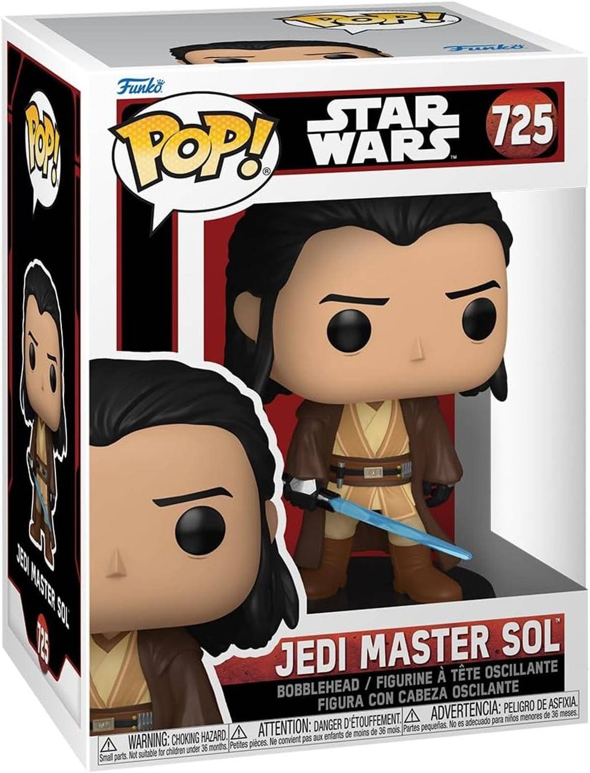 Funko Pop! Star Wars Figur des Jedi-Meisters Sol in der Box, Nummer 725, dargestellt als Wackelkopf mit blauem Lichtschwert.