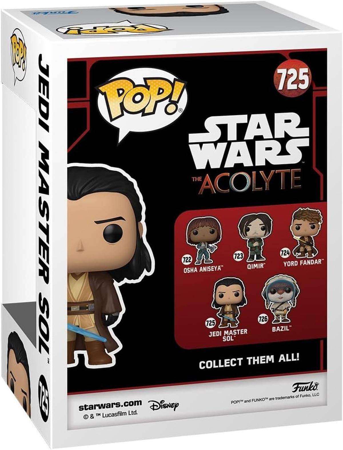 Funko Pop! Star Wars: The Acolyte Jedi Master Sol Vinyl-Figur Box, Nummer 725, mit Charakter-Aufstellung auf der Verpackung.