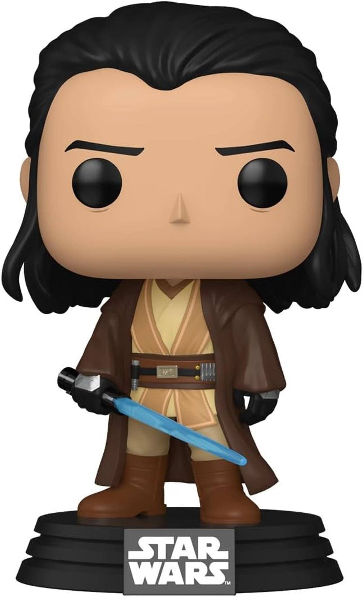 Star Wars Funko Pop-Figur eines Jedi mit einem blauen Lichtschwert, stehend auf einem Star Wars Sockel.