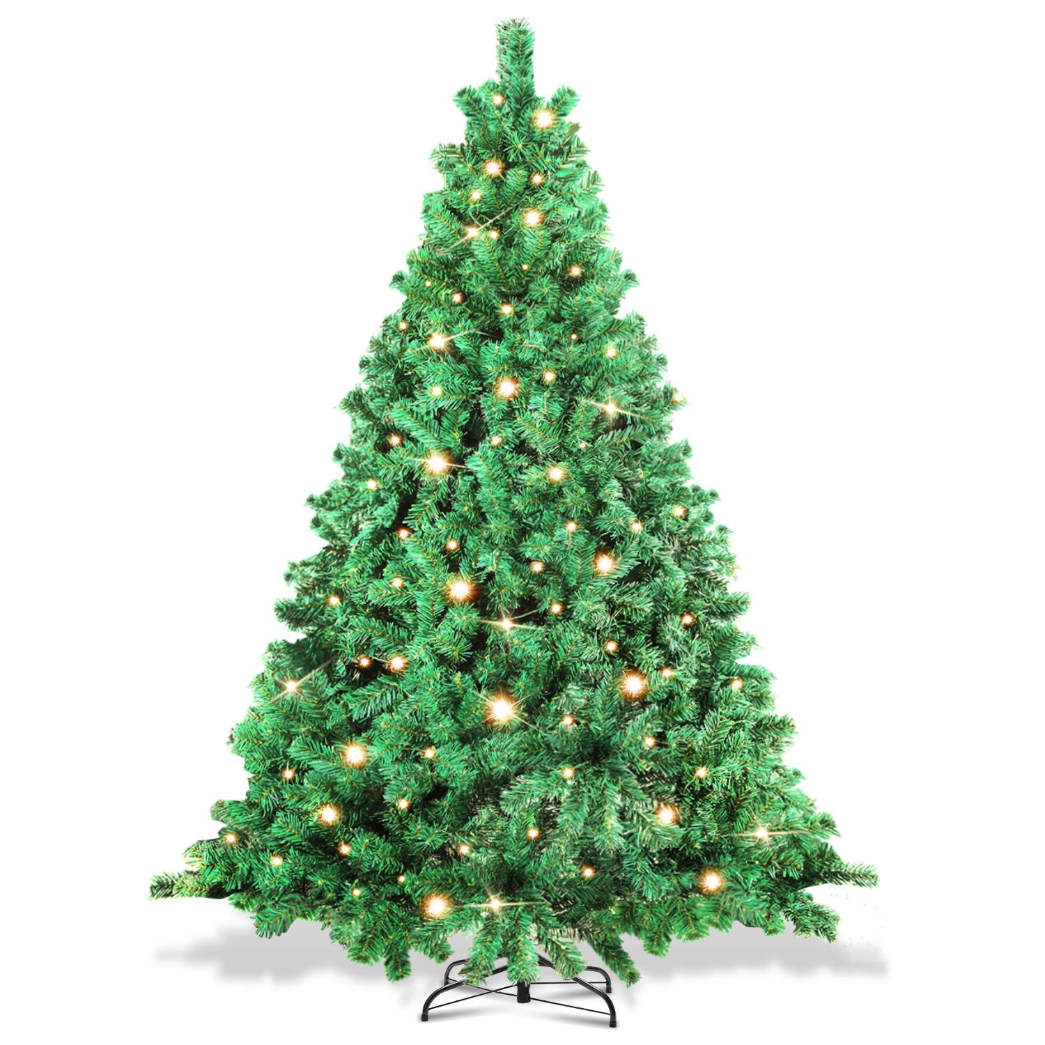 Künstlicher Weihnachtsbaum mit warmweißen Lichtern auf einem einfachen Ständer vor weißem Hintergrund.