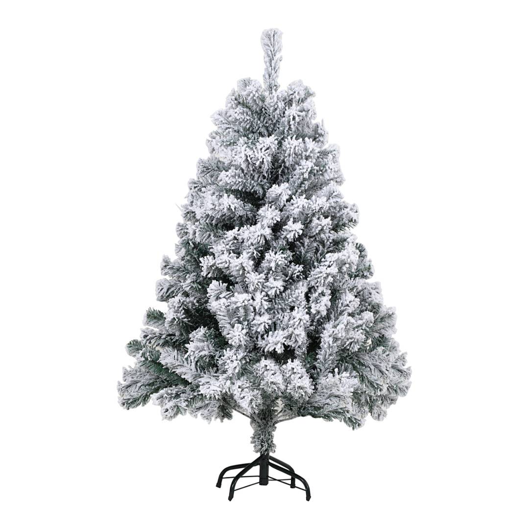 Mit Schnee bedeckter künstlicher Weihnachtsbaum auf schwarzem Metallständer, freigestellt auf weißem Hintergrund.