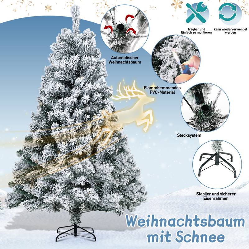 180cm Künstlicher Weihnachtsbaum mit Weiß Schneeflocken Tannenbaum für Weihnachten-Dekoration, (Ø ca. 115 cm) mit 860 Spitzen und Schnellaufbau Kl