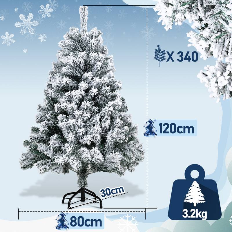 künstlicher Weihnachtsbaum 120cm (Ø ca. 80 cm) mit 340 Spitzen und Schnellaufbau Klapp-System, schwer entflammbar, mit Schnee