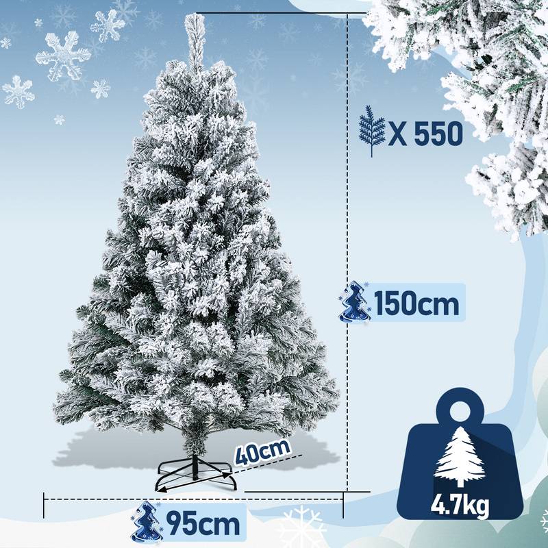 künstlicher Weihnachtsbaum 150cm (Ø ca. 95 cm) mit 550 Spitzen und Schnellaufbau Klapp-System, schwer entflammbar, mit Schnee