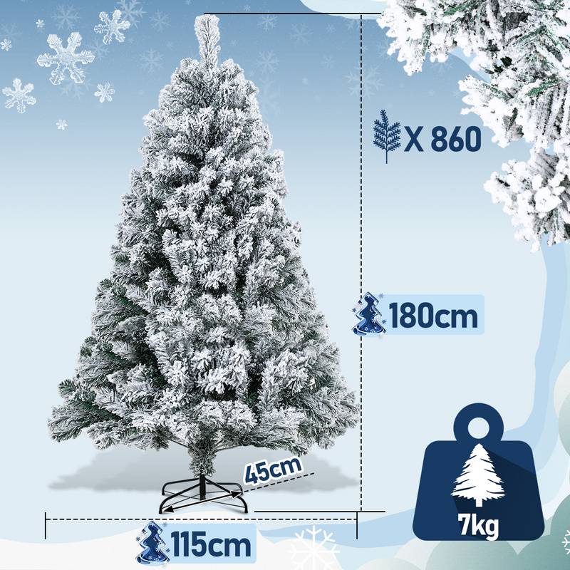 180cm Künstlicher Weihnachtsbaum mit Weiß Schneeflocken Tannenbaum für Weihnachten-Dekoration, (Ø ca. 115 cm) mit 860 Spitzen und Schnellaufbau Kl