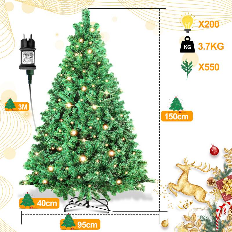 LED 150CM Künstlicher Weihnachtsbaum Tannenbaum Grün PVC Nadeln Dekobaum für Weihnachten-Dekoration mit Lichterkette, mit 550 Spitzen