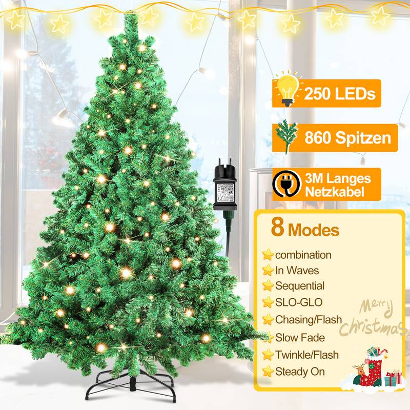 180cm Künstlicher Weihnachtsbaum mit Beleuchtung LED Tannenbaum für Weihnachten-Dekoration, aus PE und PVC,(Ø ca. 115 cm) mit 860 Spitzen