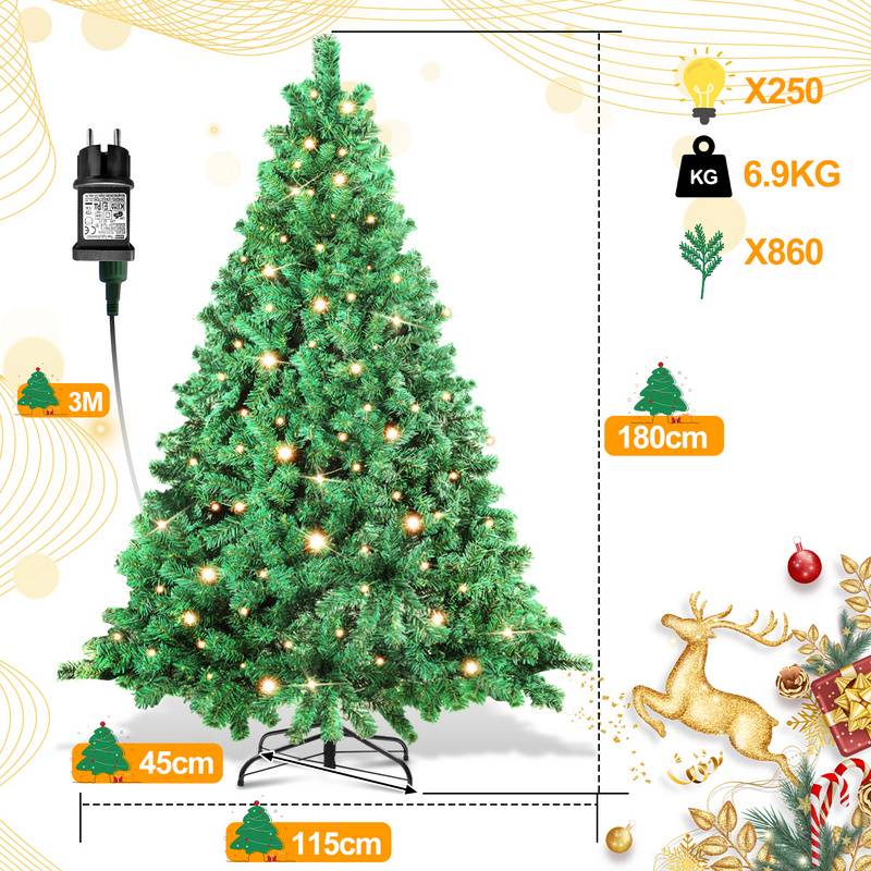 LED 180CM Künstlicher Weihnachtsbaum Tannenbaum Grün PVC Nadeln Dekobaum für Weihnachten-Dekoration mit Lichterkette, mit 860 Spitzen