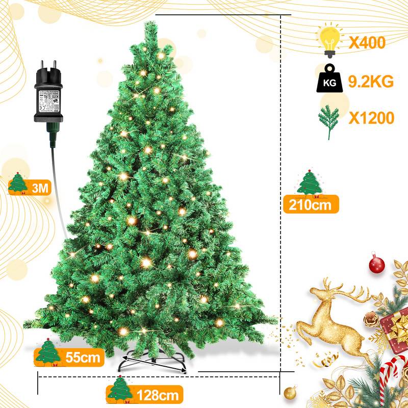 210cm Künstlicher Weihnachtsbaum mit Beleuchtung LED Tannenbaum für Weihnachten-Dekoration, aus PE und PVC,(Ø ca. 128cm) mit 1200 Spitzen