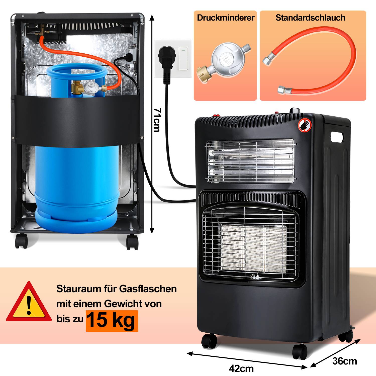 Gas+Strom Gasheizung Gasheizer Gasheizofen Heizstrahler 4.2 KW Gas Kamin inkl. Regler + Schlauch + Klammer Gasheizstrahler Butan- oder Propangasf