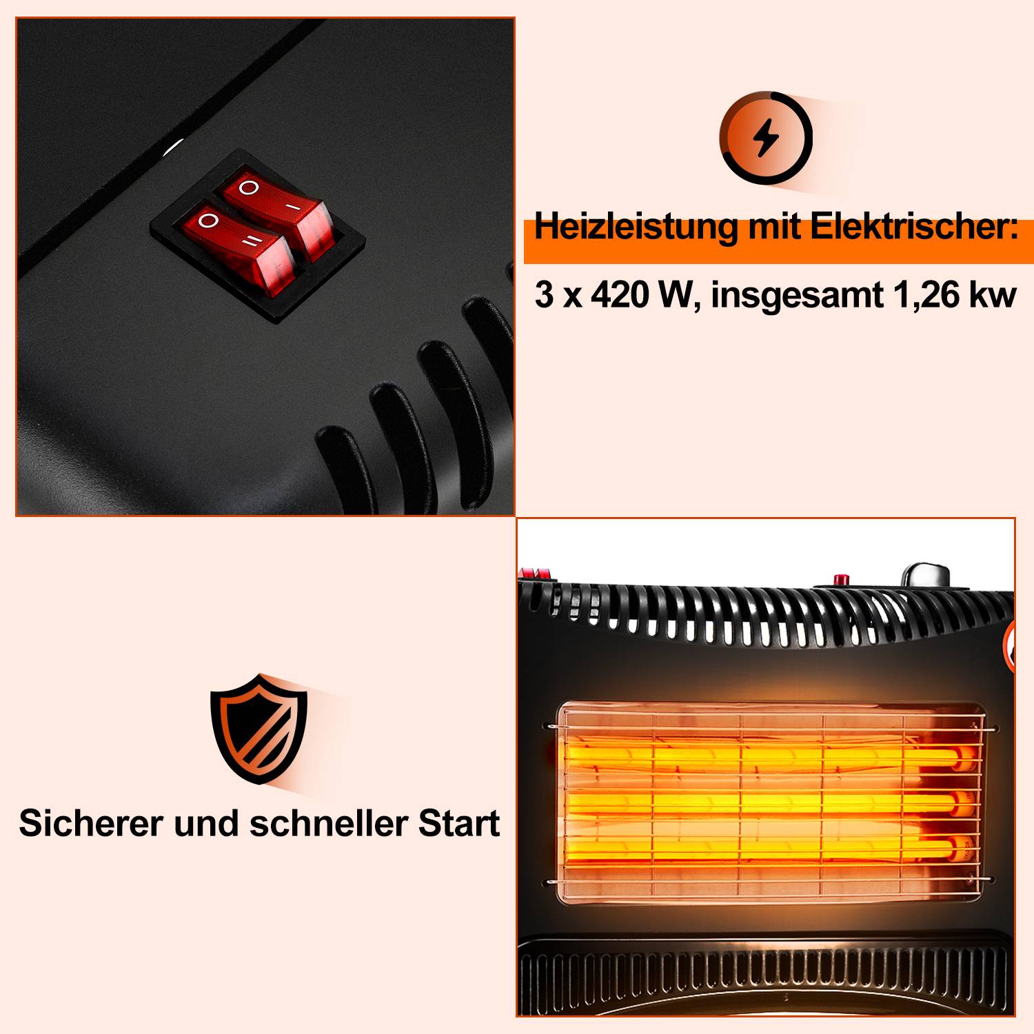 Gas+Strom Gasheizung Gasheizer Gasheizofen Heizstrahler 4.2 KW Gas Kamin inkl. Regler + Schlauch + Klammer Gasheizstrahler Butan- oder Propangasf