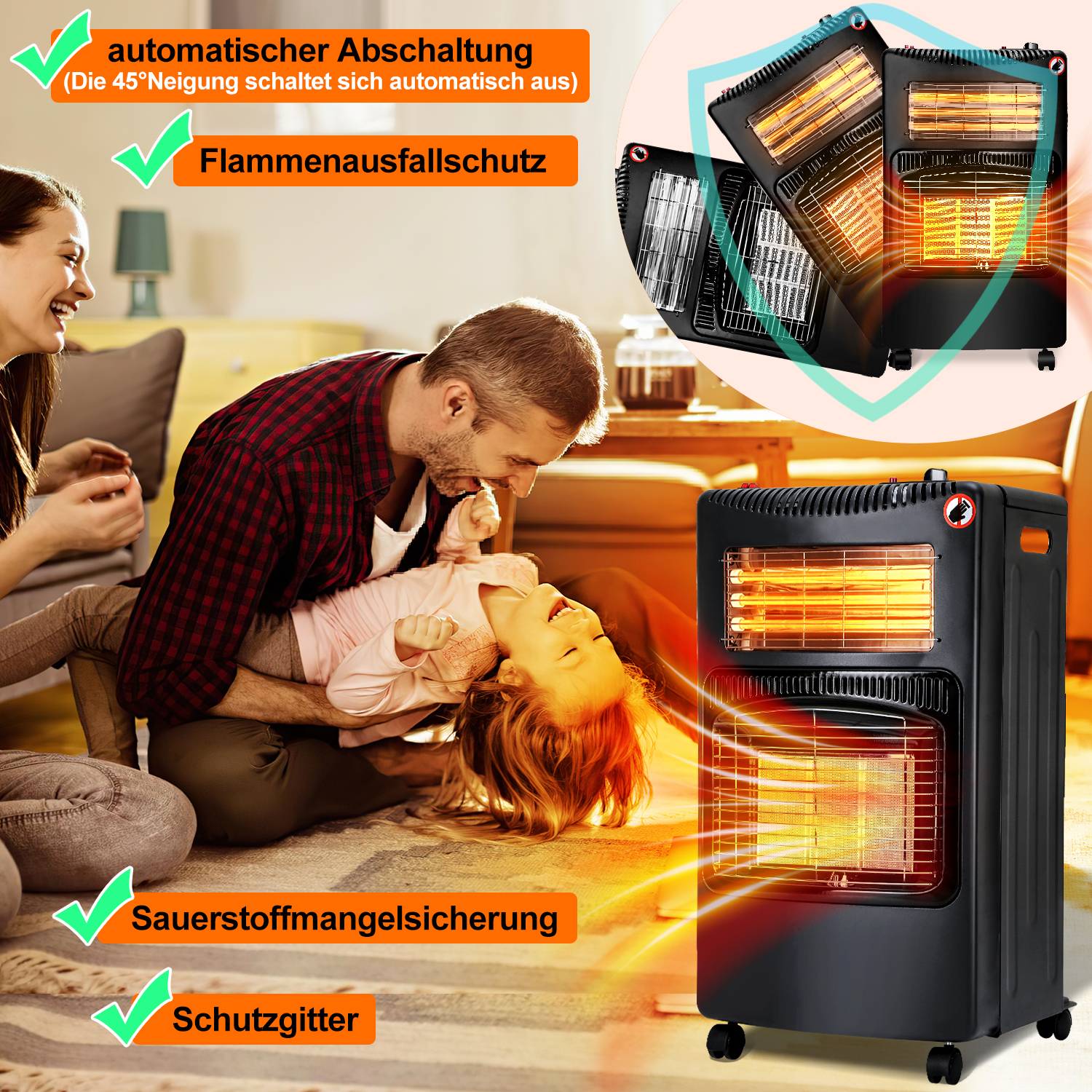Gasheizung 4.2 KW Gasheizer inkl. Regler + Schlauch + Klammer | Gasofen Gasheizofen Keramik mit 3 Stufen | Infrarot Gasheizgerät Heizstrahler für Bu