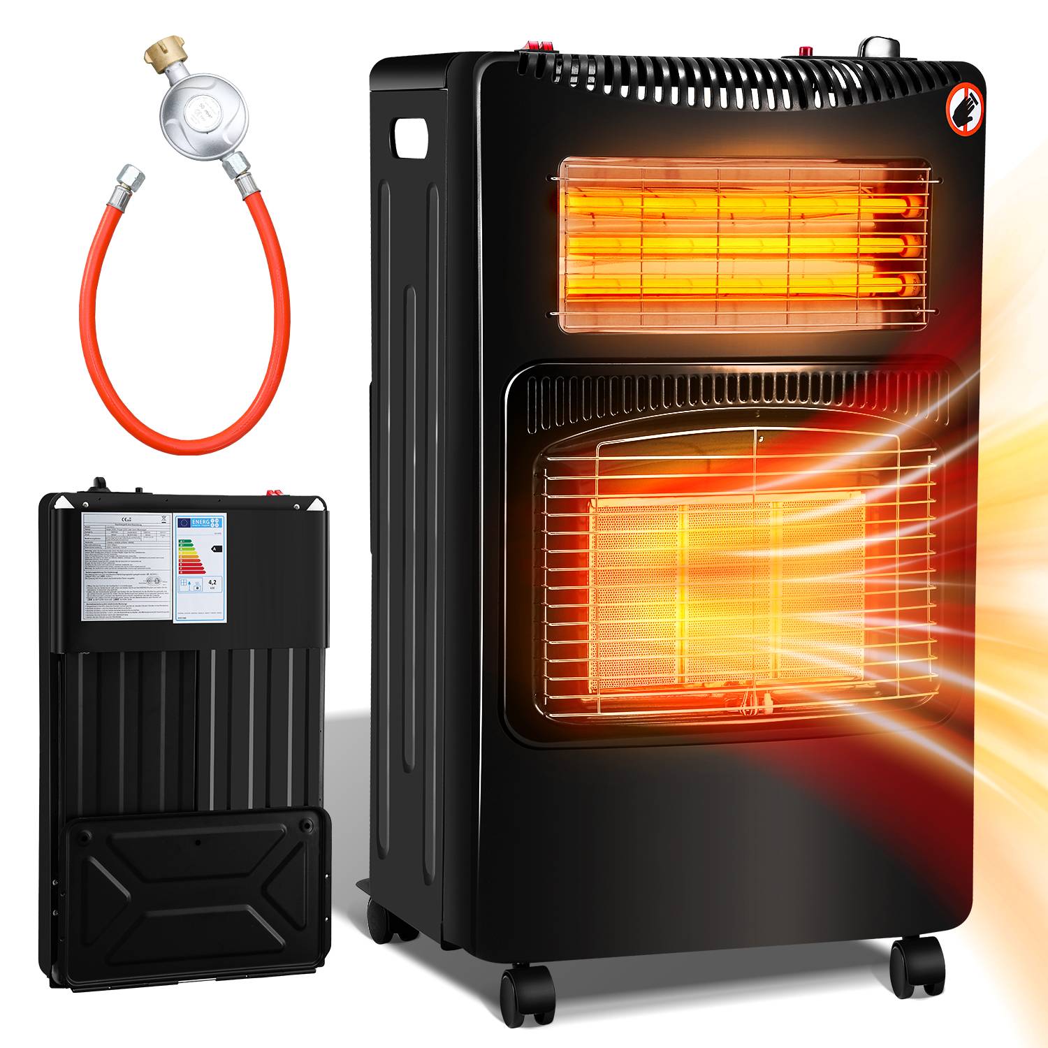 Gas+Strom Gasheizung Gasheizer Gasheizofen Heizstrahler 4.2 KW Gas Kamin inkl. Regler + Schlauch + Klammer Gasheizstrahler Butan- oder Propangasf