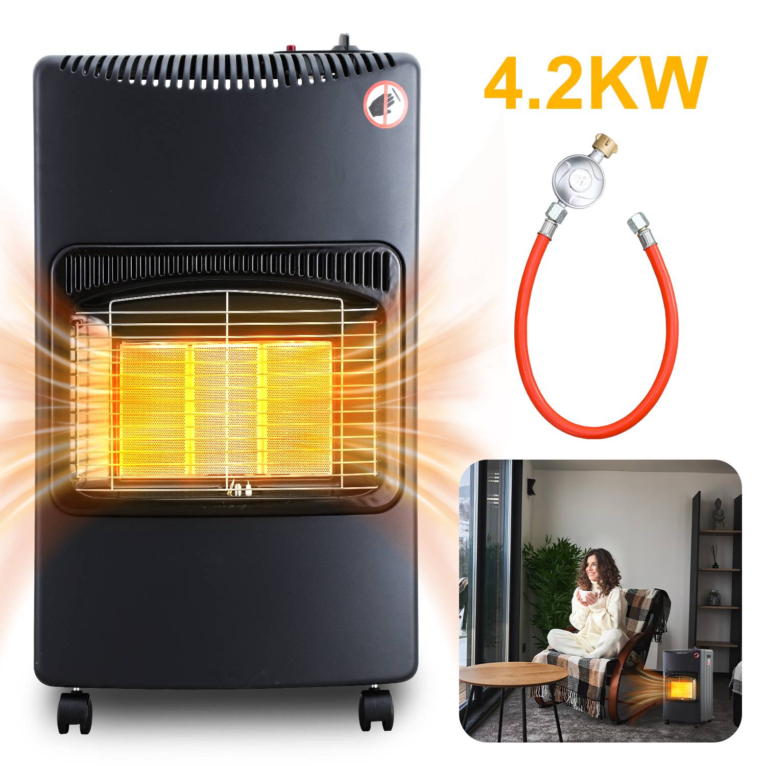 Gasheizung 4.2 KW Gasheizer inkl. Druckregler + Schlauch | Gasofen Gasheizofen Keramik mit 3 Stufen | Infrarot Gasheizgerät Heizstrahler für Butan-