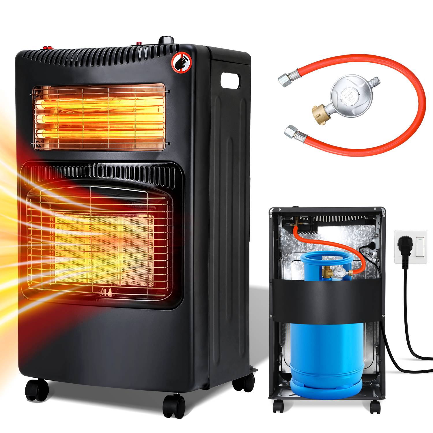 Gasheizung 4.2 KW Gasheizer inkl. Regler + Schlauch + Klammer | Gasofen Gasheizofen Keramik mit 3 Stufen | Infrarot Gasheizgerät Heizstrahler für Bu