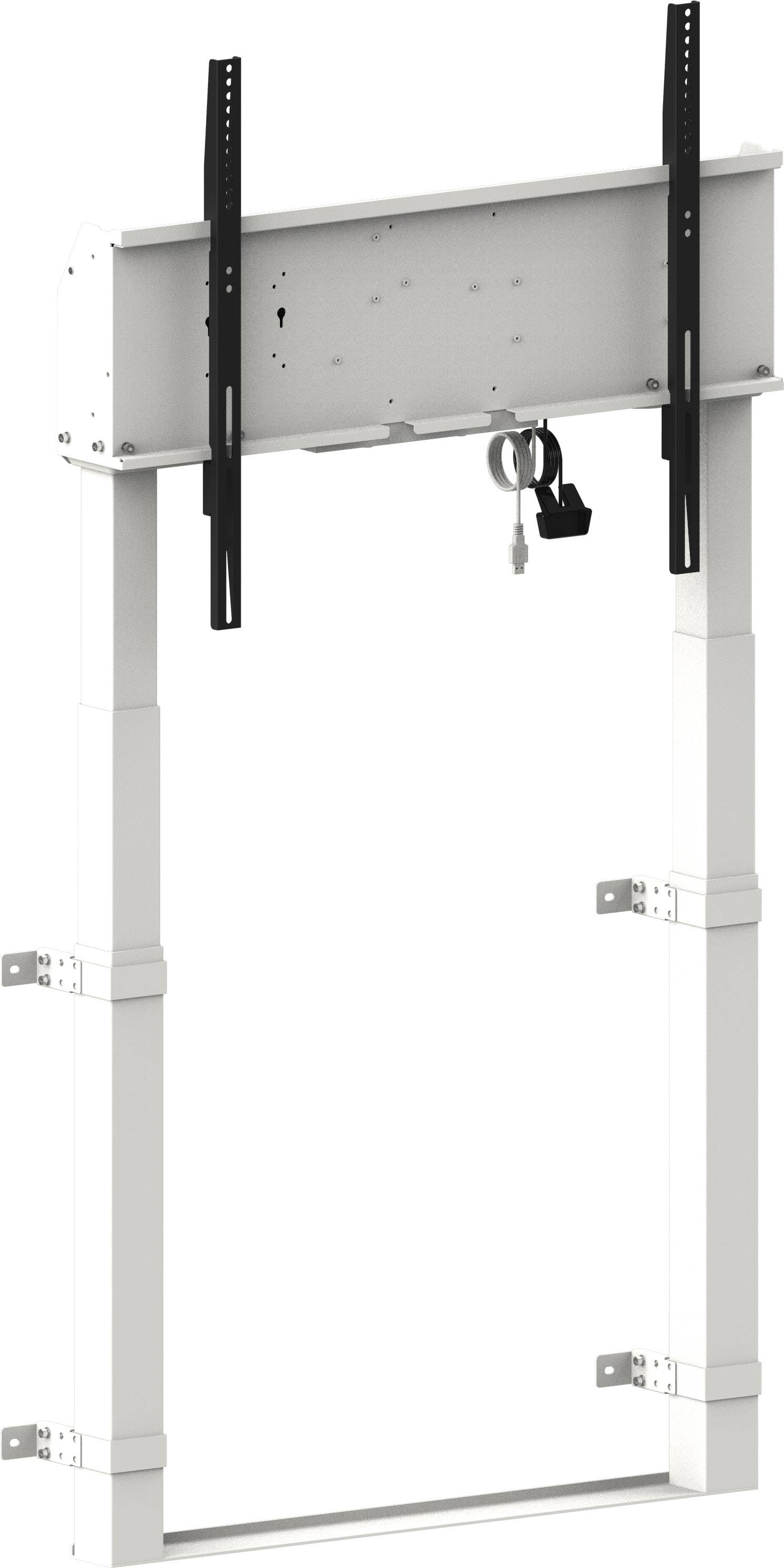 Eine weiße verstellbare Türrahmen-Klimmzugstange mit schwarzen Höhenschienen und einem Hänge-Verschluss-/Schlüsselmechanismus.