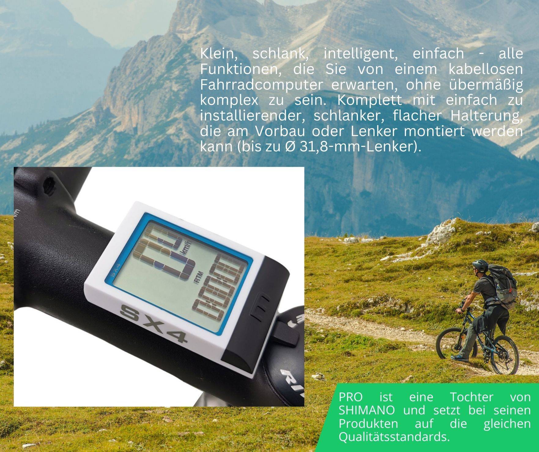Fahrradcomputer kabellos - drahtlos Fahrradtacho - Funk Fahrradcomputer - Fahrrad Tachometer - Pro SX4 by Shimano - 12 Funktionen - Bike Tacho