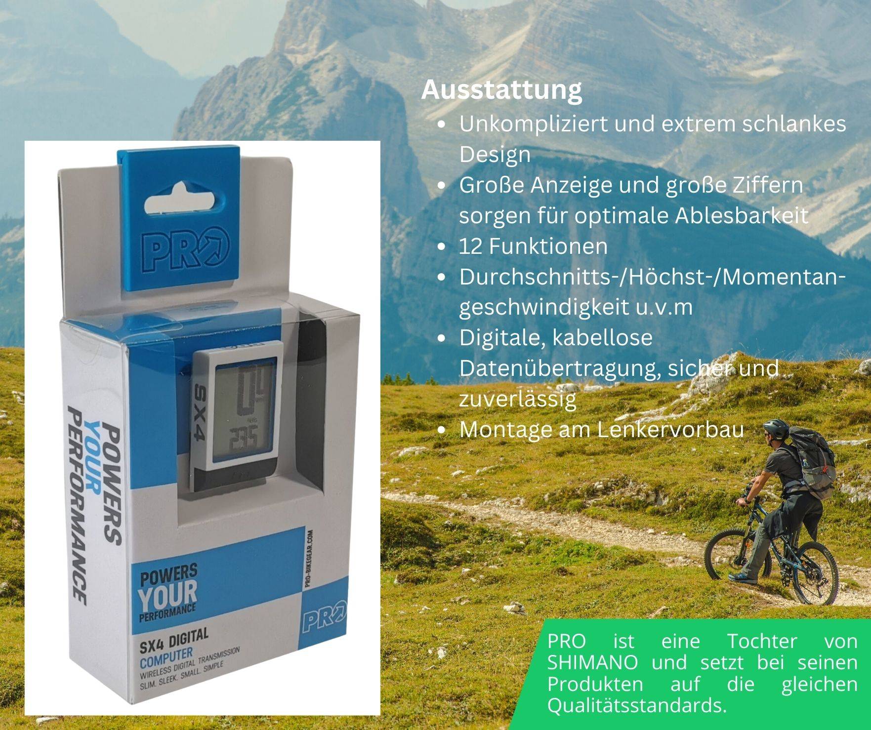 Fahrradcomputer kabellos - drahtlos Fahrradtacho - Funk Fahrradcomputer - Fahrrad Tachometer - Pro SX4 by Shimano - 12 Funktionen - Bike Tacho