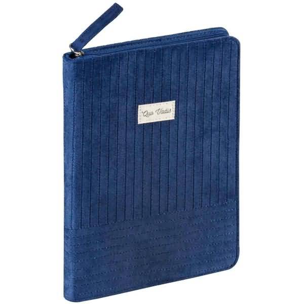 Blaue Stoff-Dokumententasche mit Reißverschluss, Handgelenkschlaufe und kleinem Mitteletikett.