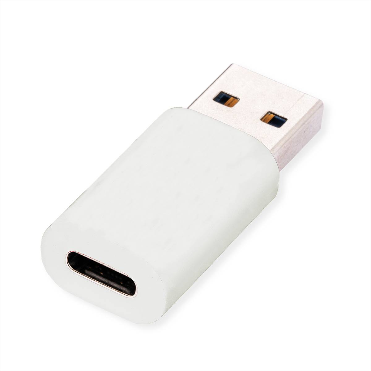 Weißer USB-A-zu-USB-C-Adapter auf weißem Hintergrund, zeigt den USB-C-Buchse und USB-A-Stecker.