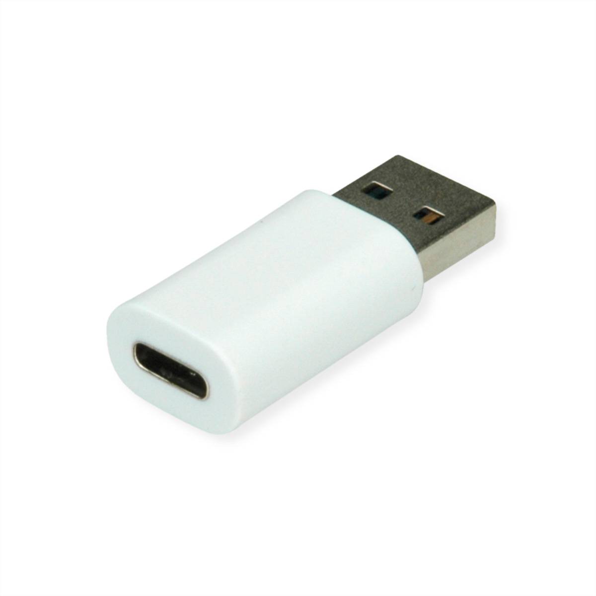 Ein USB-A-Stecker zu USB-C-Buchse-Adapter auf weißem Hintergrund.