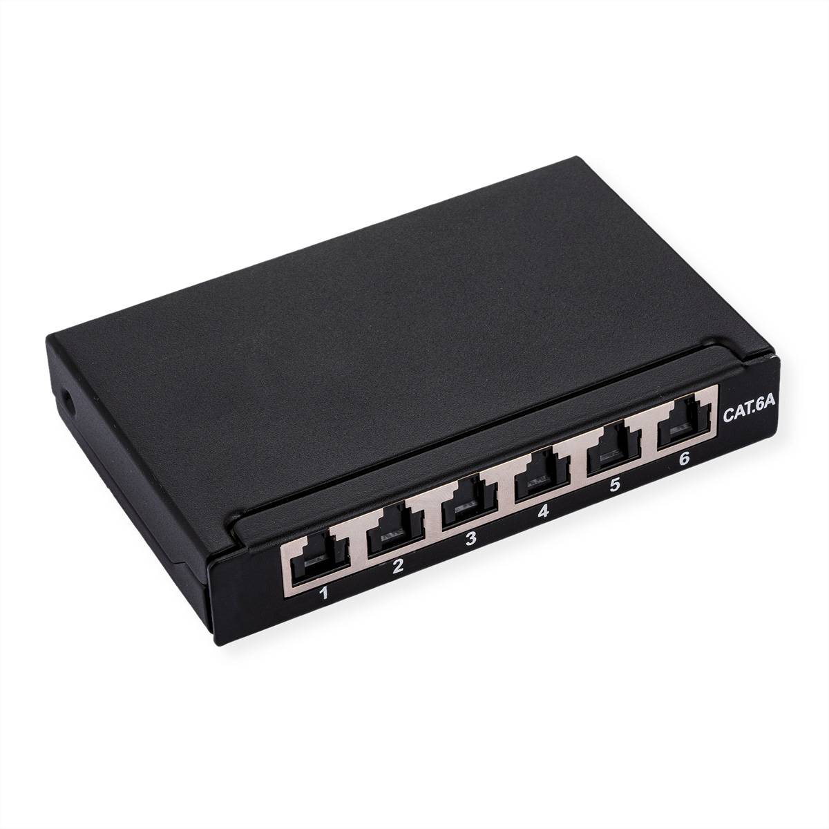 Schwarze CAT6A-Netzwerk-Schaltbox mit sechs nummerierten Ethernet-Anschlüssen auf der Frontplatte.