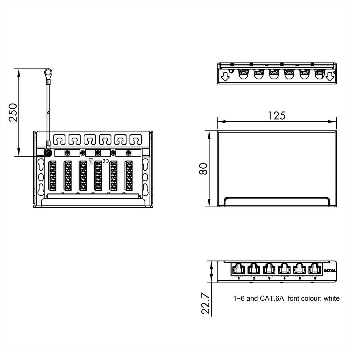 ROLINE Mini-Patchpanel, Cat.6A (Class EA), 6x RJ45, 0,5HE, geschirmt, schwarz